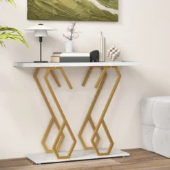 Konsolentisch aus Kunstmarmor Foyertisch mit Verstellbaren Fußpolstern Weiß und Gold
