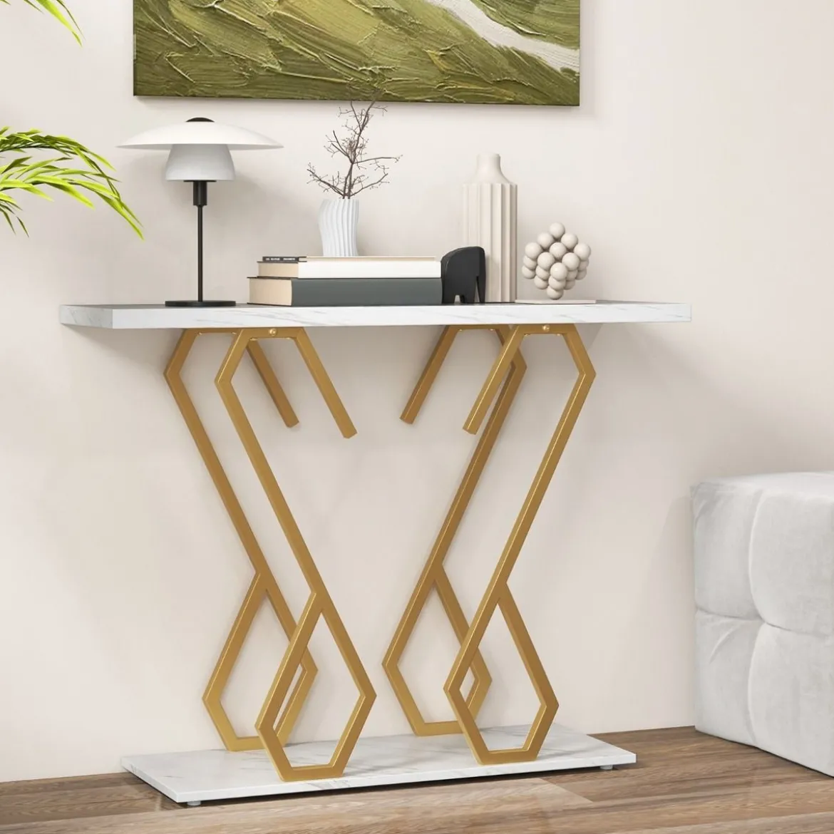 Konsolentisch aus Kunstmarmor Foyertisch mit Verstellbaren Fußpolstern Weiß und Gold