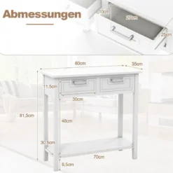 Konsolentisch Beistelltisch Industrie Design Sofatisch mit 2 Schubladen 80,5 x 35,5 x 82 Weiß