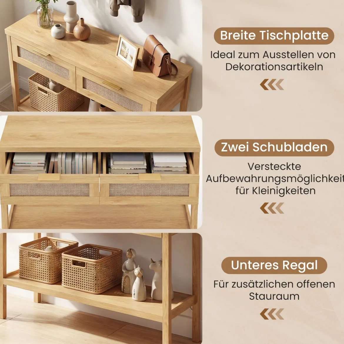 Konsolentisch Beistelltisch mit Offener Ablage & 2 Schubladen Sofatisch mit Rattanoptik