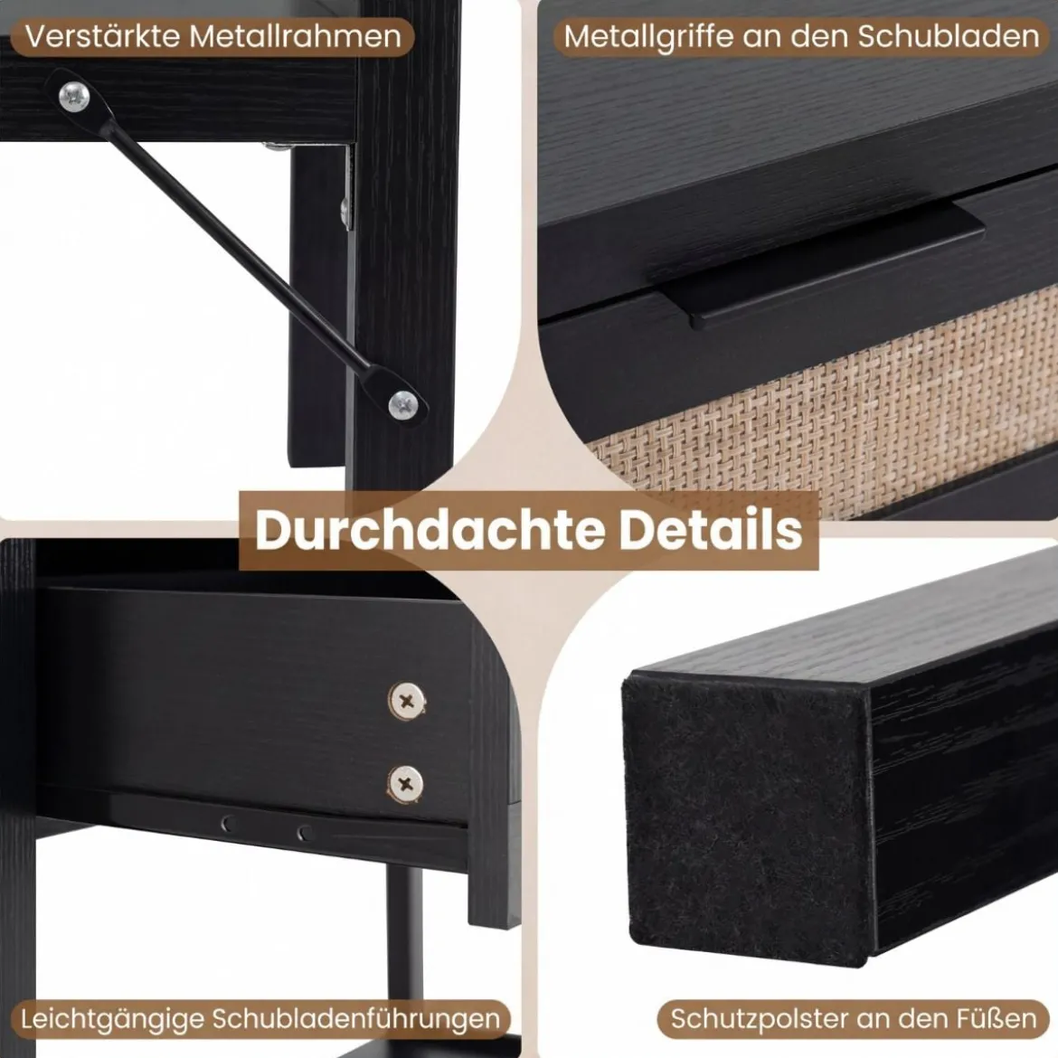Konsolentisch Beistelltisch mit Offener Ablage & 2 Schubladen Sofatisch mit Rattanoptik