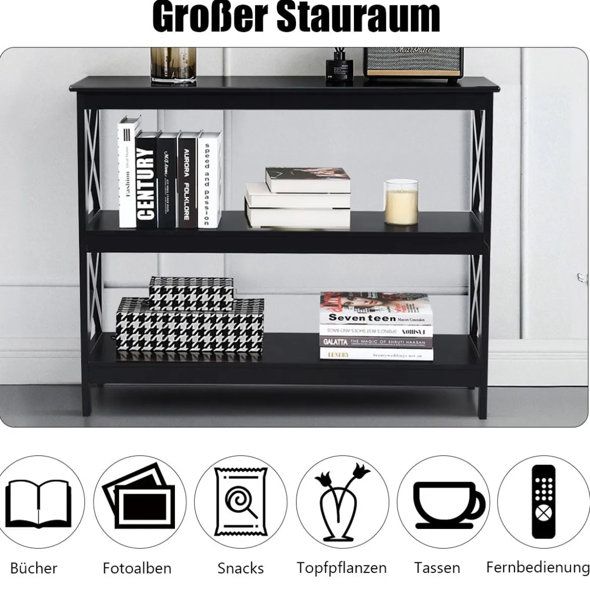 Konsolentisch Beistelltisch mit Offener Ablage & 2 Schubladen Sofatisch mit Rattanoptik