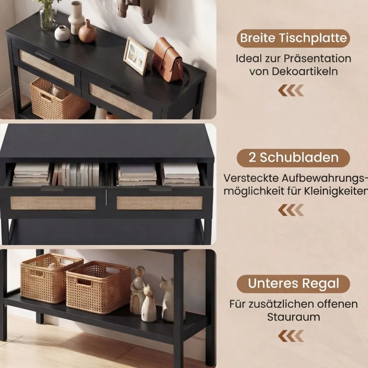 Konsolentisch Beistelltisch mit Offener Ablage & 2 Schubladen Sofatisch mit Rattanoptik