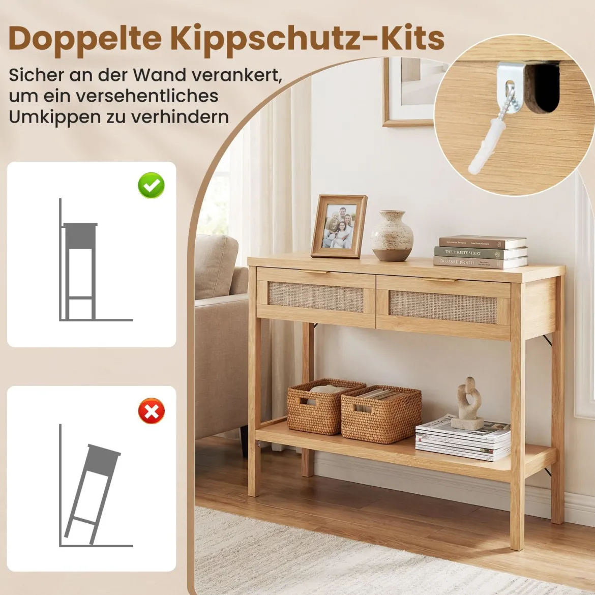 Konsolentisch Beistelltisch mit Offener Ablage & 2 Schubladen Sofatisch mit Rattanoptik