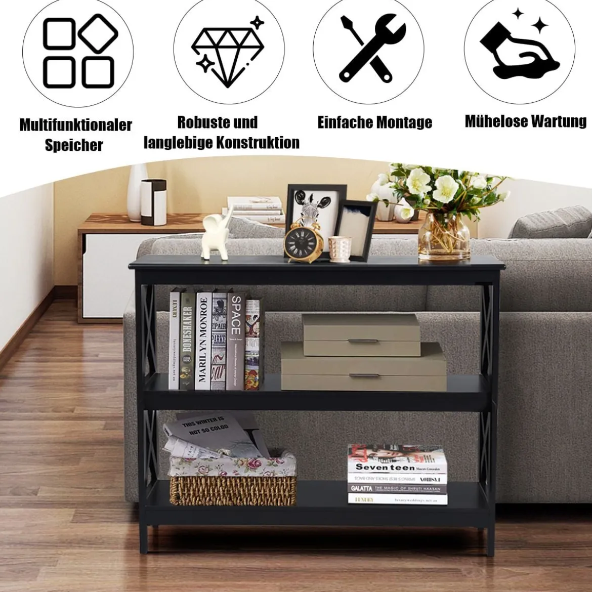 Konsolentisch Beistelltisch mit Offener Ablage & 2 Schubladen Sofatisch mit Rattanoptik