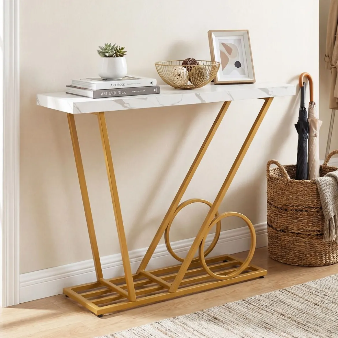 Konsolentisch 100cm moderner Einlagetisch mit Marmor-Optik und Wagen-inspiriertem Design Beistelltisch Weiß