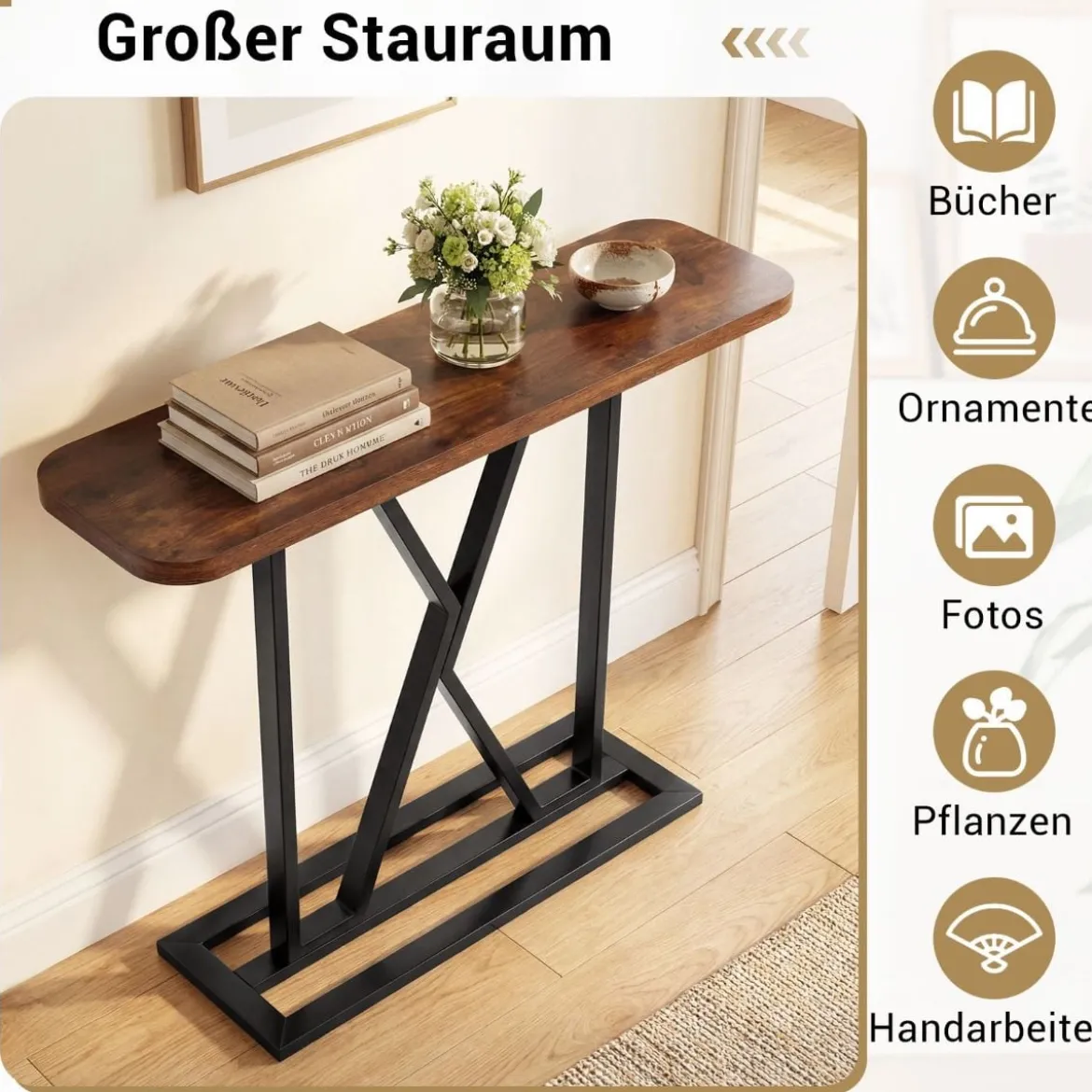 Konsolentisch 100 cm rechteckiger Eingangsbereich Tisch mit geometrischem Metallgestell Rustikales Braun
