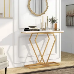 Konsolentisch Eingangstisch schmal Flurtisch mit Marmoroptik Beistelltisch für Wohnzimmer 100 x 29,5 x 80 cm