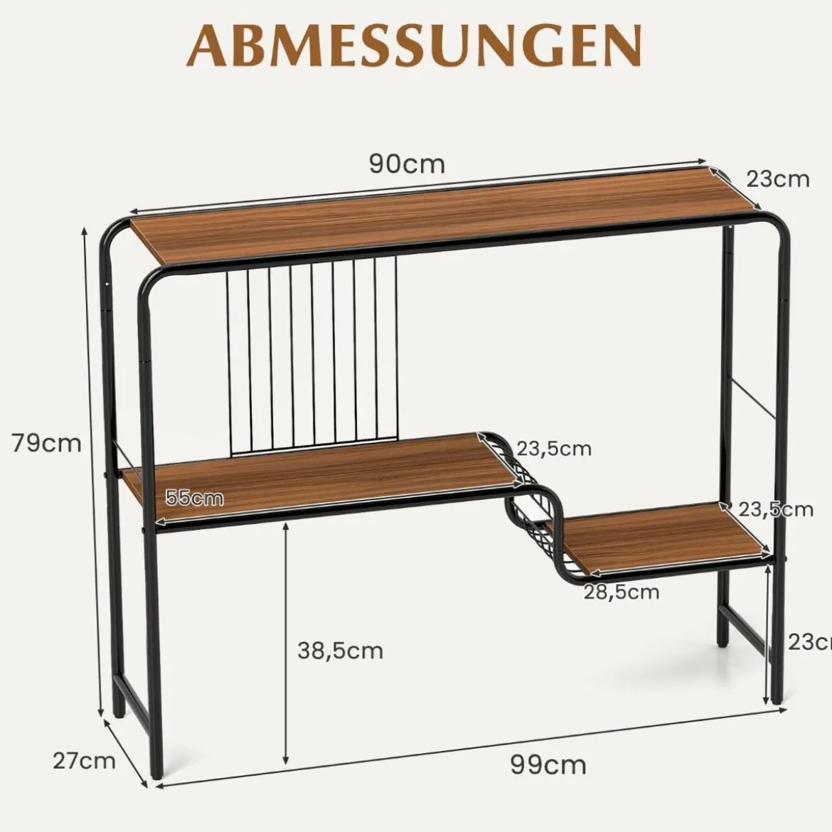 Konsolentisch Flurtisch mit 2 Ablageflächen und Metallrahmen Eingangstisch mit verstellbaren Füßen 99 x 27 x 79 cm