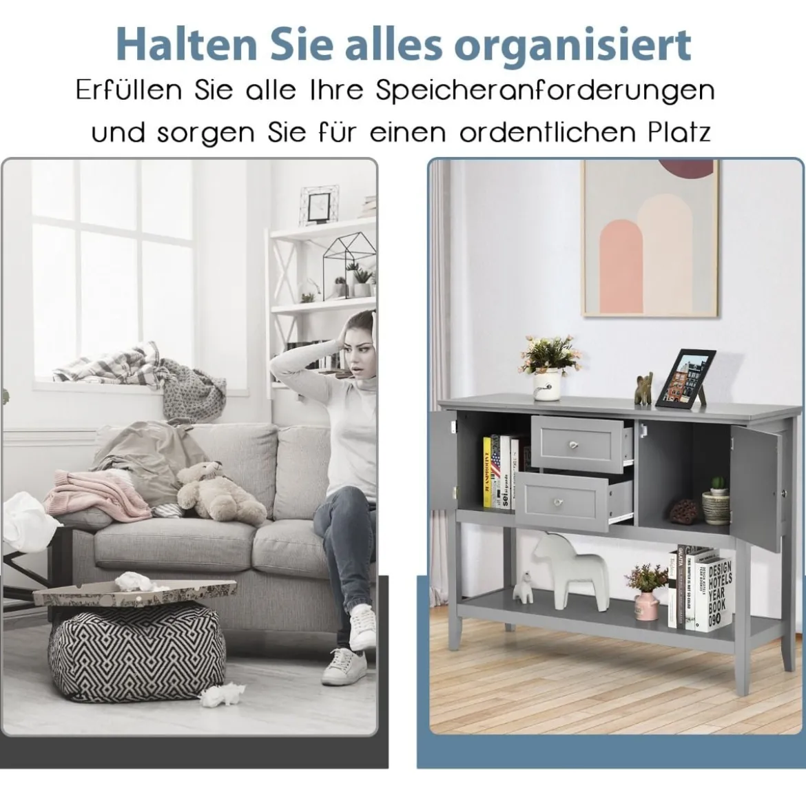 Konsolentisch Flurtisch mit2 Schubladen Beistelltisch Holz 117 x 38 x 86,5 cm Grau
