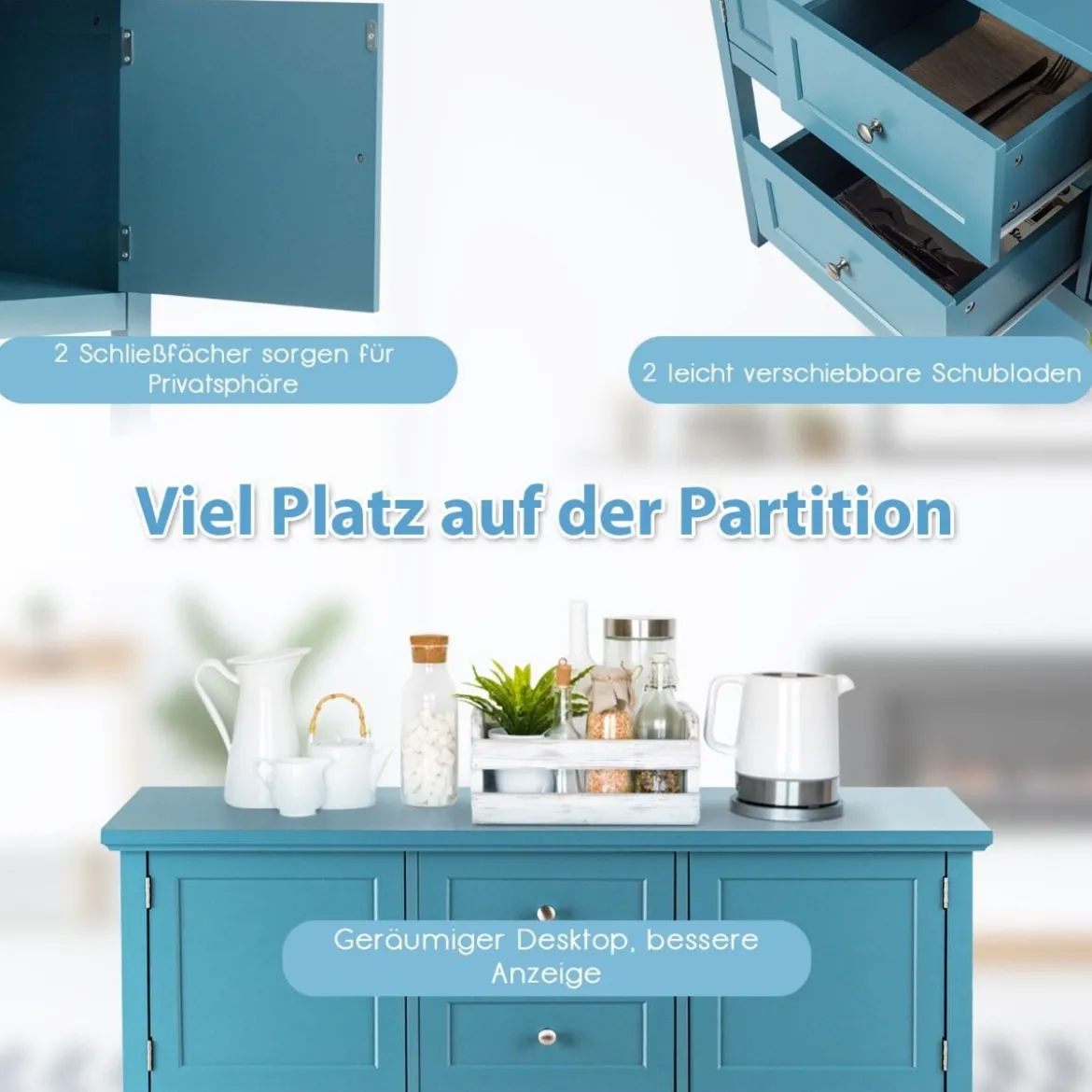 Konsolentisch Holz-Sideboard mit 2 Schubladen und 2 Schränken 117 x 38 x 86,5 cm Blau
