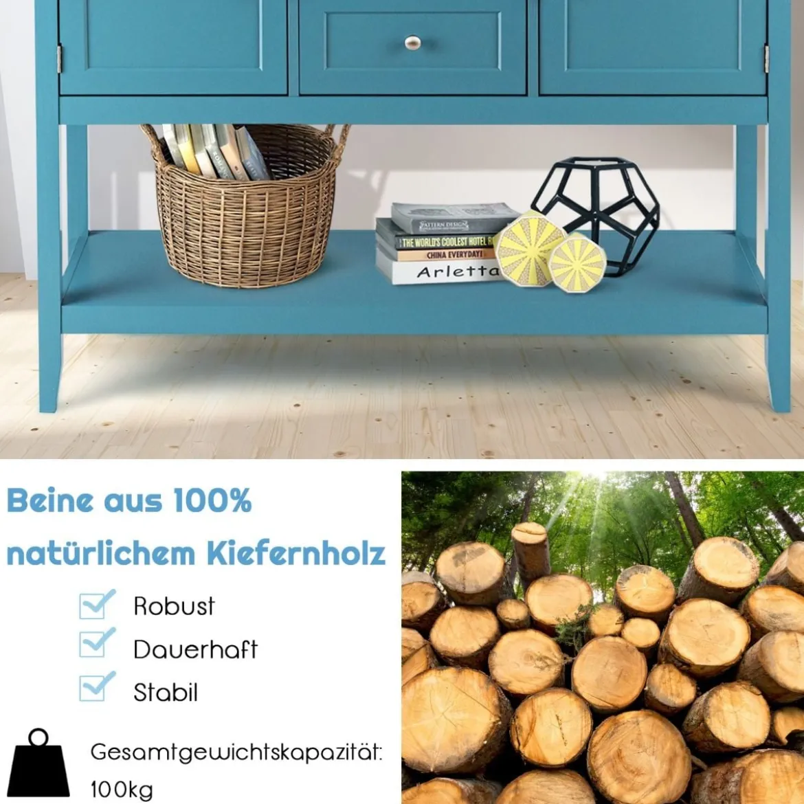 Konsolentisch Holz-Sideboard mit 2 Schubladen und 2 Schränken 117 x 38 x 86,5 cm Blau