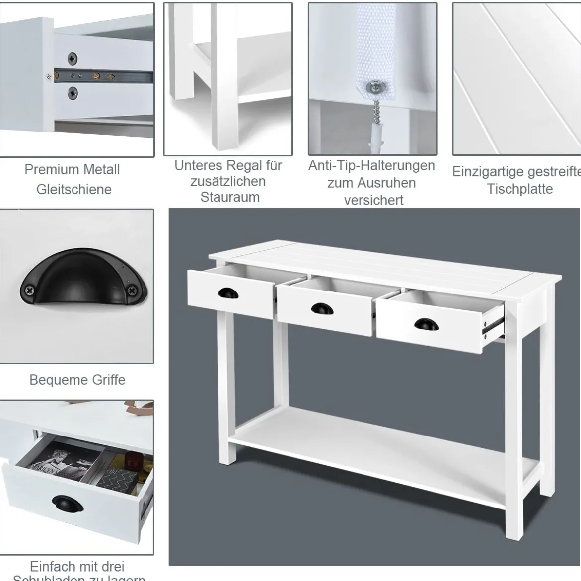 Konsolentisch Industrie Design Beistelltisch mit 3 Schubladen Ablage Beistelltisch Weiß