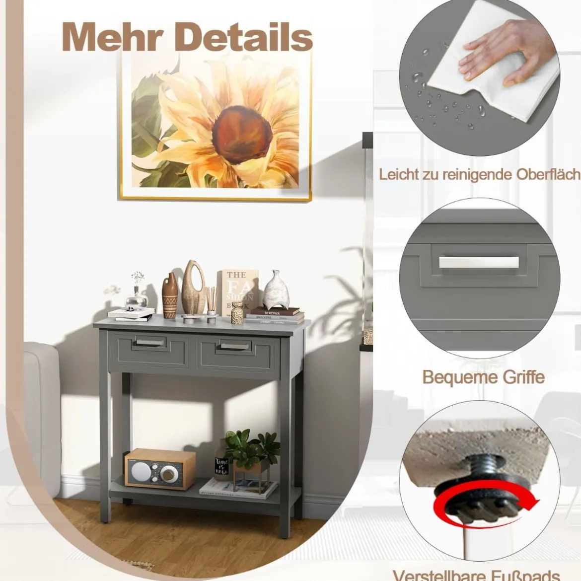 Konsolentisch mit Ablage 2 Schubladen Beistelltisch Industrie Design Grau