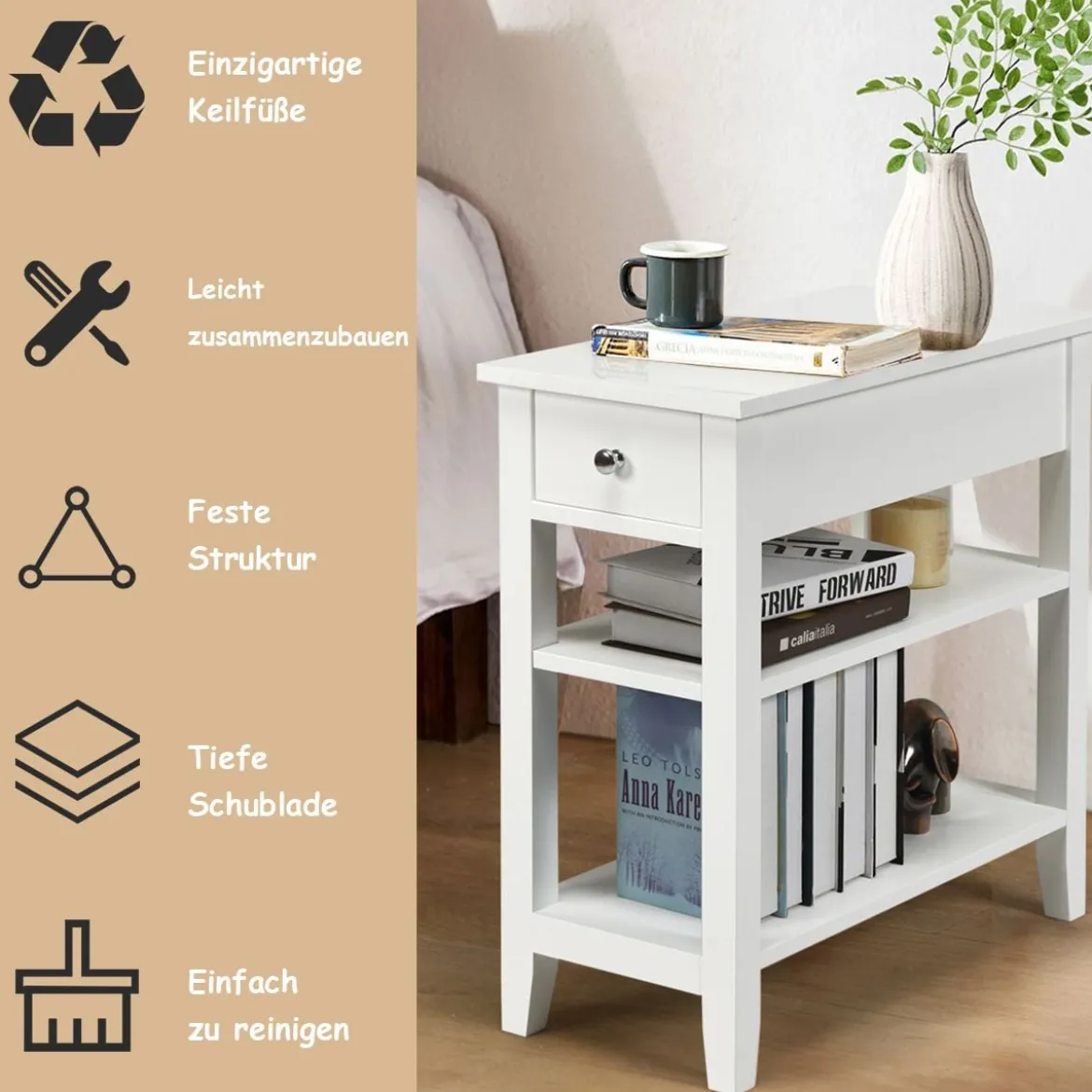 Konsolentisch mit Ablage und Schublade 3-Stöckiger Beistelltisch aus Holz 60 x 28,5 x 61cm Weiß