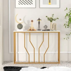 Konsolentisch mit Geometrischem Metallrahmen Eingangstisch 110 x 30 x 80 cm Gold + Weiß