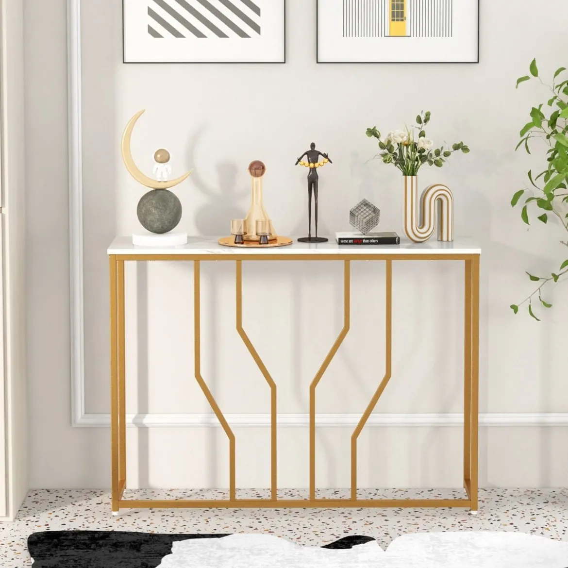 Konsolentisch mit Geometrischem Metallrahmen Eingangstisch 110 x 30 x 80 cm Gold + Weiß