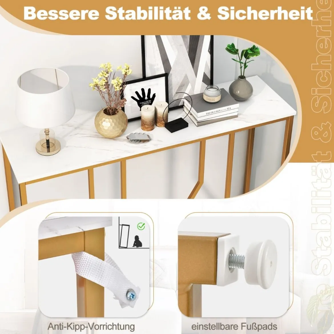 Konsolentisch mit Geometrischem Metallrahmen Eingangstisch 110 x 30 x 80 cm Gold + Weiß