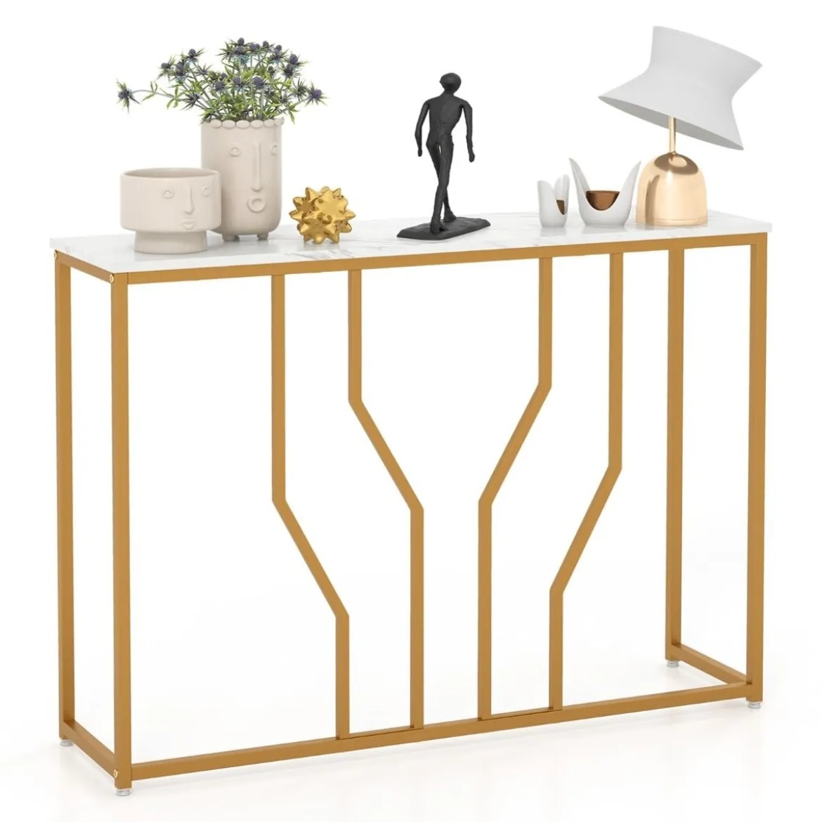Konsolentisch mit Geometrischem Metallrahmen Eingangstisch 110 x 30 x 80 cm Gold + Weiß