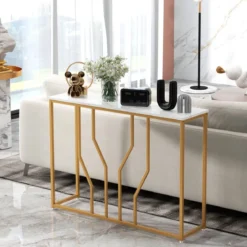 Konsolentisch mit Geometrischem Metallrahmen Eingangstisch 110 x 30 x 80 cm Gold + Weiß