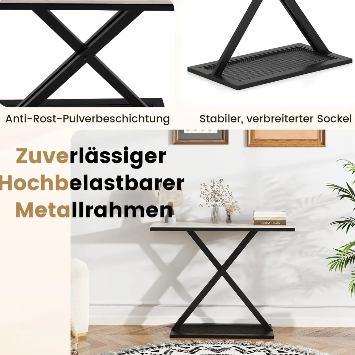 Konsolentisch mit Kunstmarmorplatte Couchtisch mit Metallrahmen Sofatisch 100 x 40 x 77,5 cm