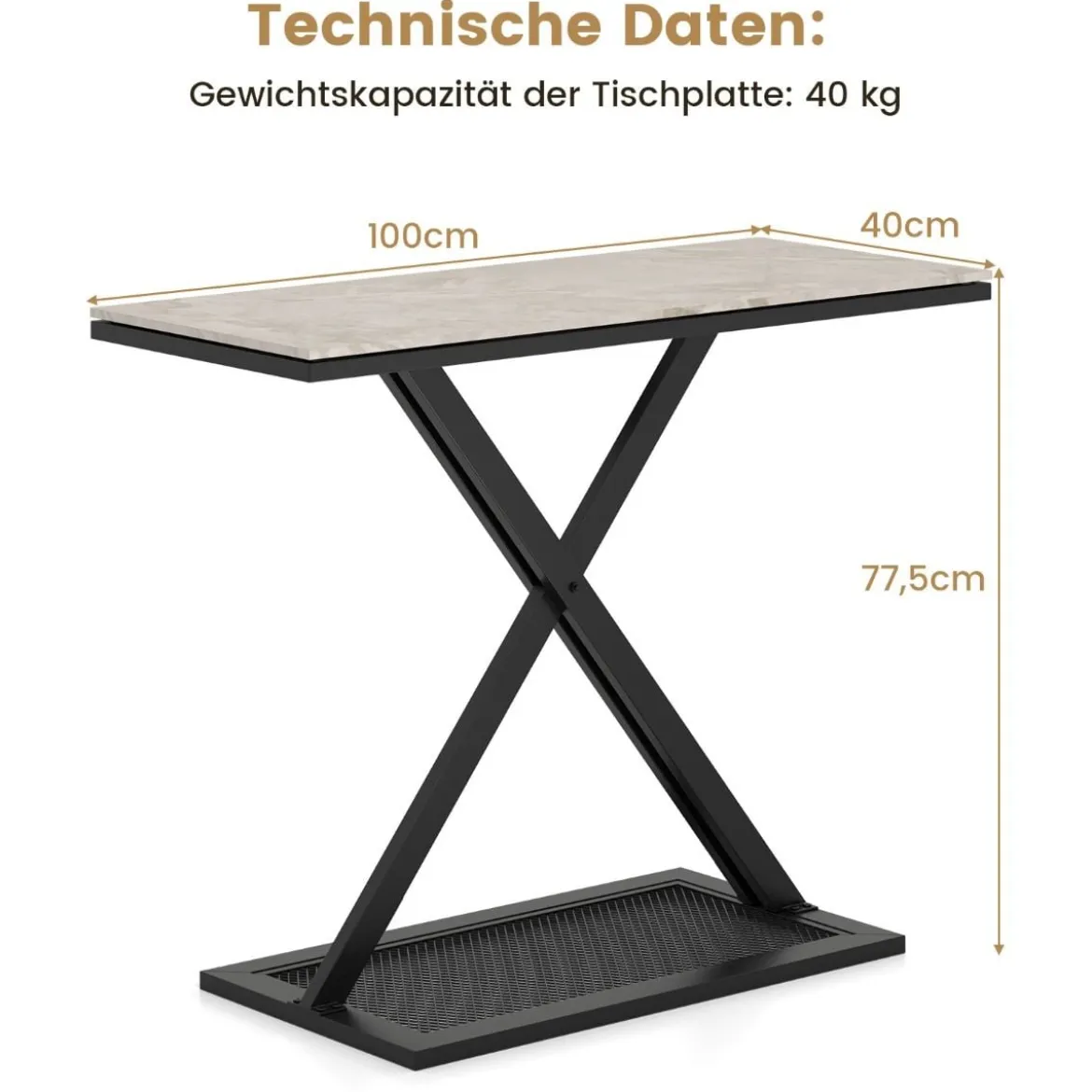 Konsolentisch mit Kunstmarmorplatte Couchtisch mit Metallrahmen Sofatisch 100 x 40 x 77,5 cm