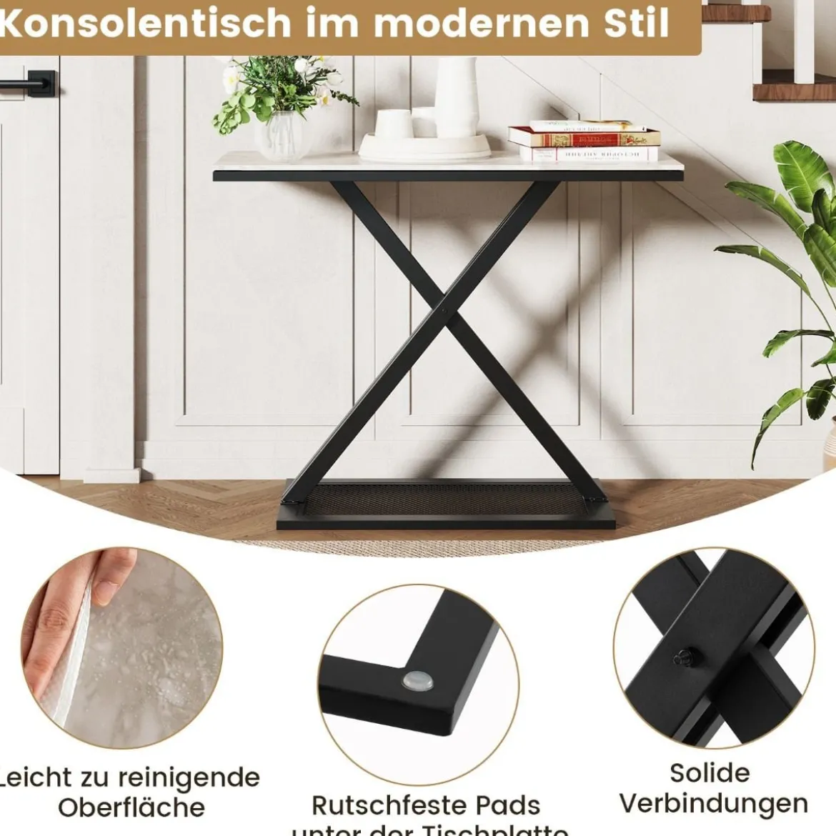 Konsolentisch mit Kunstmarmorplatte Couchtisch mit Metallrahmen Sofatisch 100 x 40 x 77,5 cm
