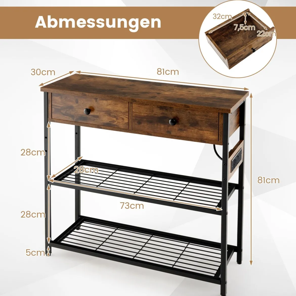 Konsolentisch mit Ladestation & 2 Schubladen Flurtisch Eingangstisch mit USB & TypeC-Anschlüssen