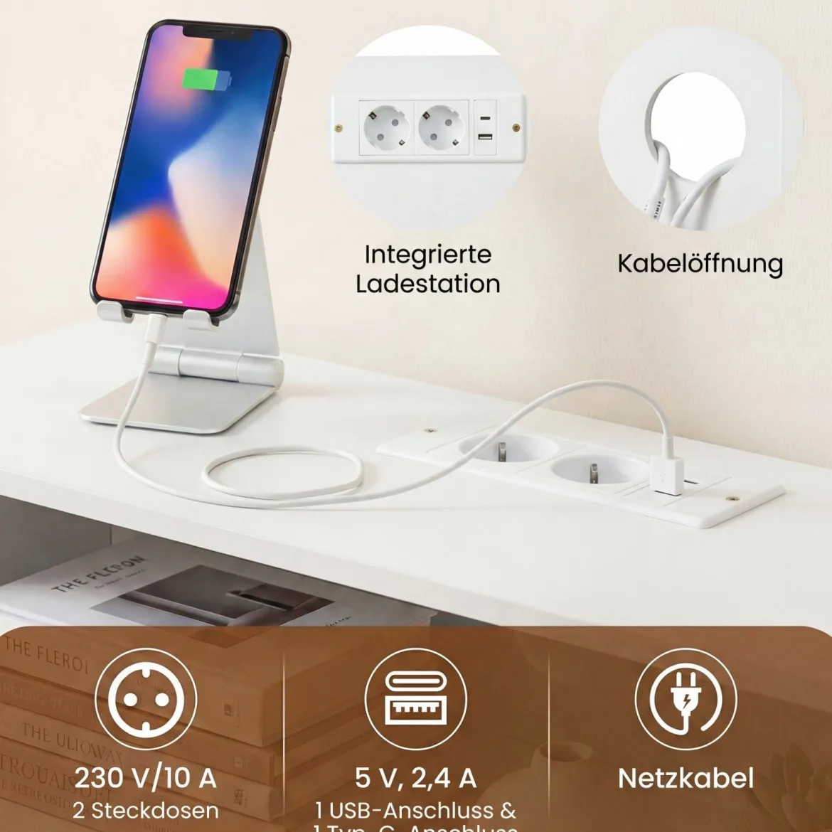 Konsolentisch mit LED-Beleuchtung & Ladestation 3-stufiger Flurtisch Schmaler Sofatisch Weiß