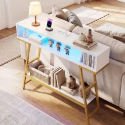 Konsolentisch mit LED-Beleuchtung & Ladestation 3-stufiger Flurtisch Schmaler Sofatisch Weiß