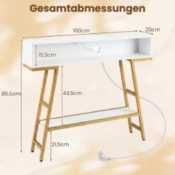 Konsolentisch mit LED-Beleuchtung & Ladestation 3-stufiger Flurtisch Schmaler Sofatisch Weiß