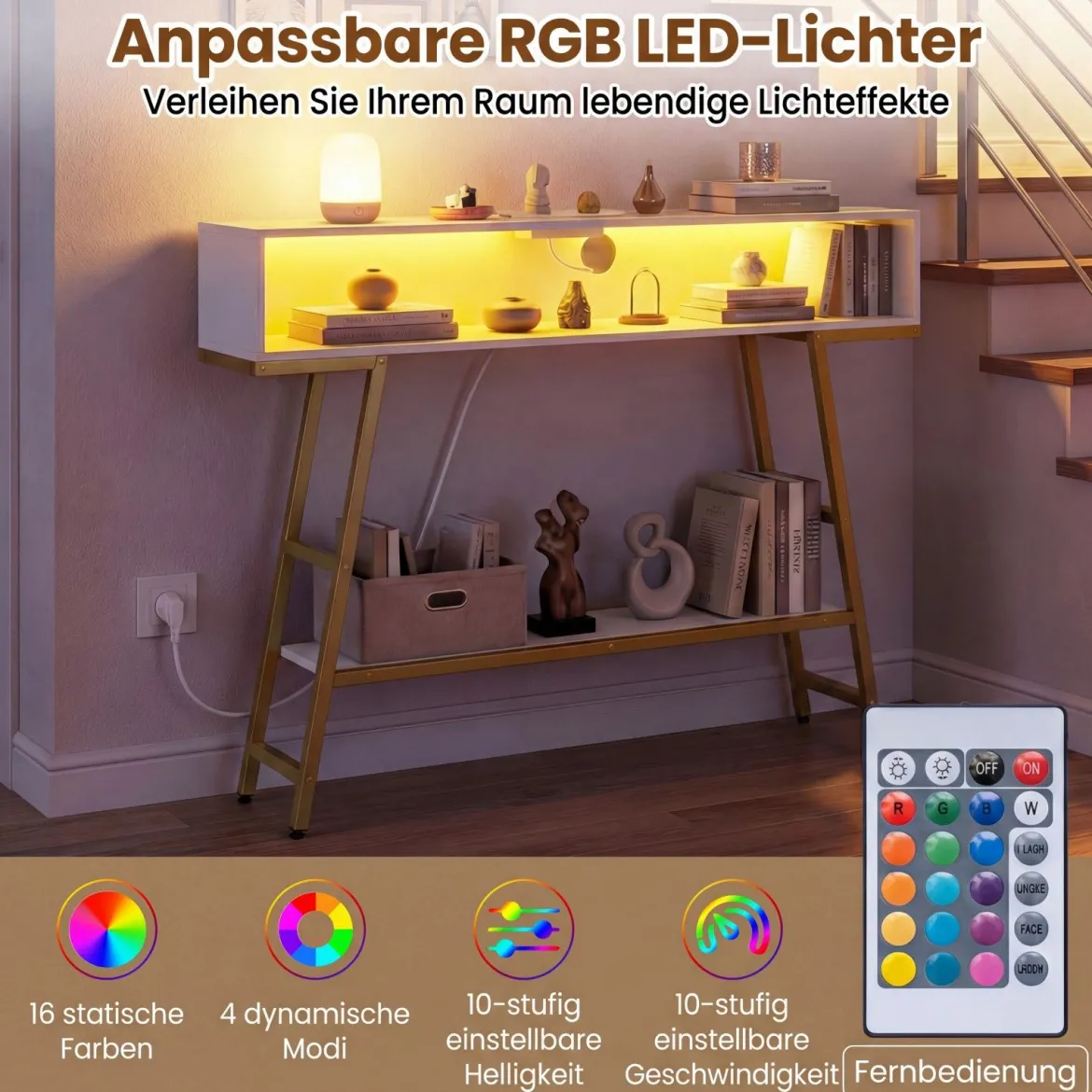 Konsolentisch mit LED-Beleuchtung & Ladestation 3-stufiger Flurtisch Schmaler Sofatisch Weiß