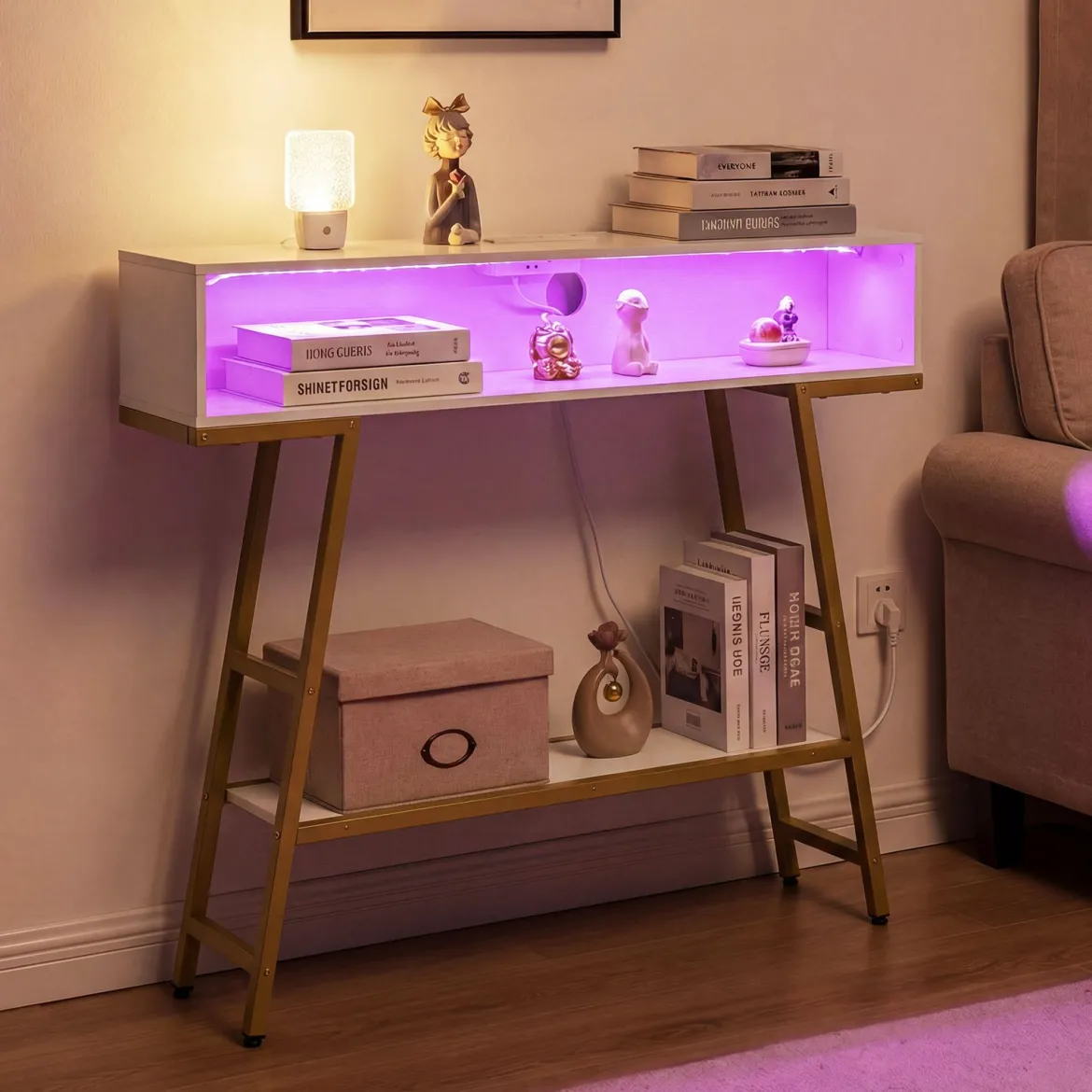 Konsolentisch mit LED-Beleuchtung & Ladestation 3-stufiger Flurtisch Schmaler Sofatisch Weiß
