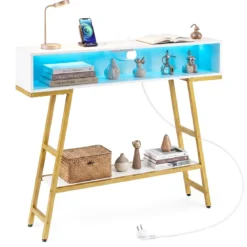 Konsolentisch mit LED-Beleuchtung & Ladestation 3-stufiger Flurtisch Schmaler Sofatisch Weiß