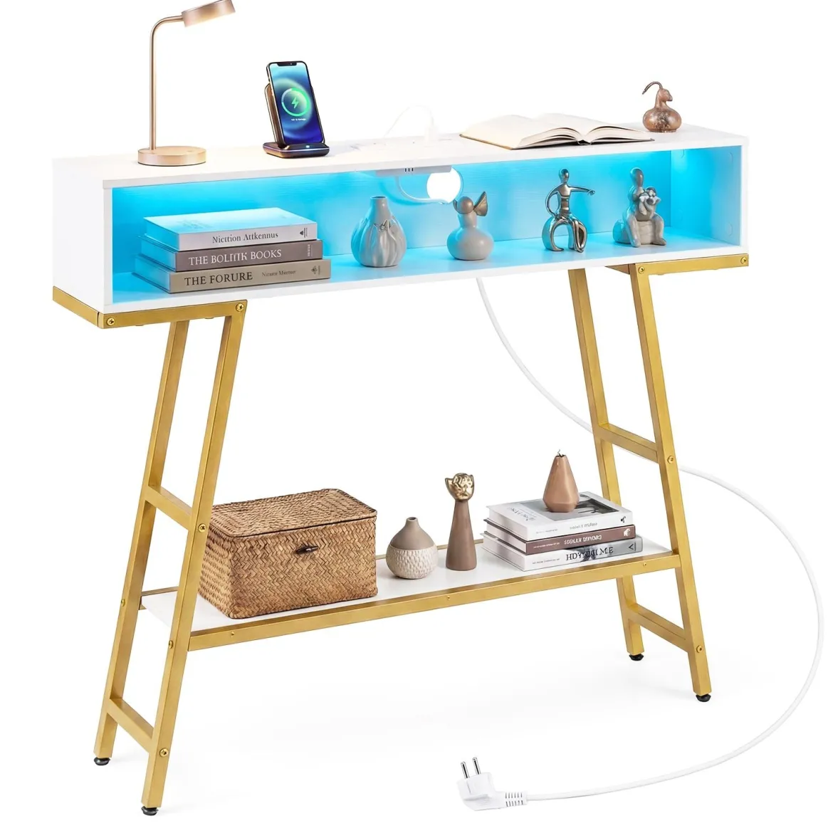 Konsolentisch mit LED-Beleuchtung & Ladestation 3-stufiger Flurtisch Schmaler Sofatisch Weiß