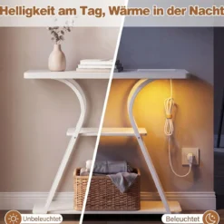 Konsolentisch mit LED-Beleuchtung und Ladestation Schmaler Flurtisch mit 3 Ablage Rustikalbraun/Weiß