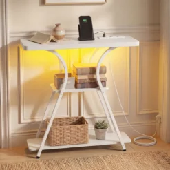 Konsolentisch mit LED-Beleuchtung und Ladestation Schmaler Flurtisch mit 3 Ablage Rustikalbraun/Weiß