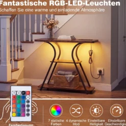 Konsolentisch mit LED-Beleuchtung und Ladestation Schmaler Flurtisch mit 3 Ablage Rustikalbraun/Weiß