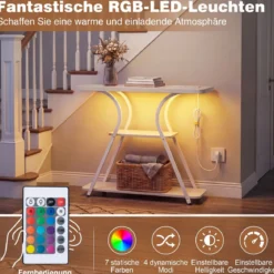 Konsolentisch mit LED-Beleuchtung und Ladestation Schmaler Flurtisch mit 3 Ablage Rustikalbraun/Weiß