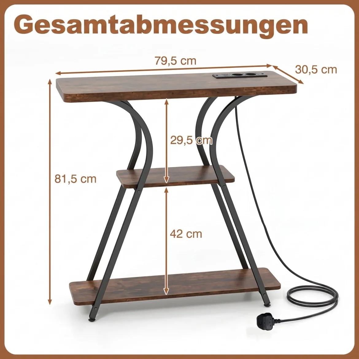 Konsolentisch mit LED-Beleuchtung und Ladestation Schmaler Flurtisch mit 3 Ablage Rustikalbraun/Weiß