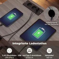 Konsolentisch Mit LED Licht Ladestation Steckdosen USB Schubladen Für Wohnzimmer Flur Grau