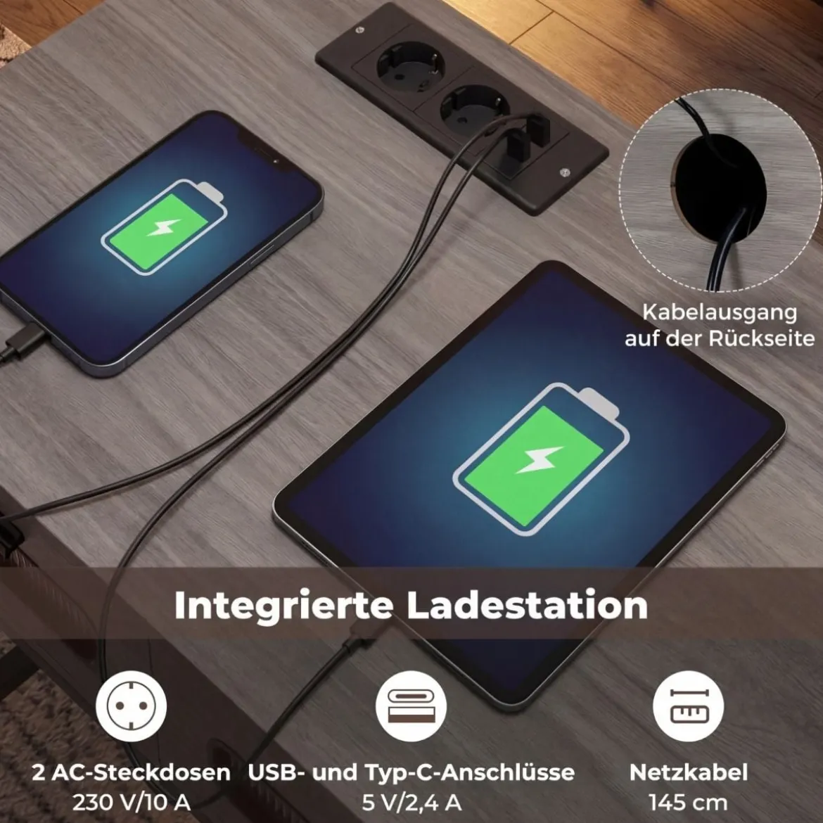 Konsolentisch Mit LED Licht Ladestation Steckdosen USB Schubladen Für Wohnzimmer Flur Grau