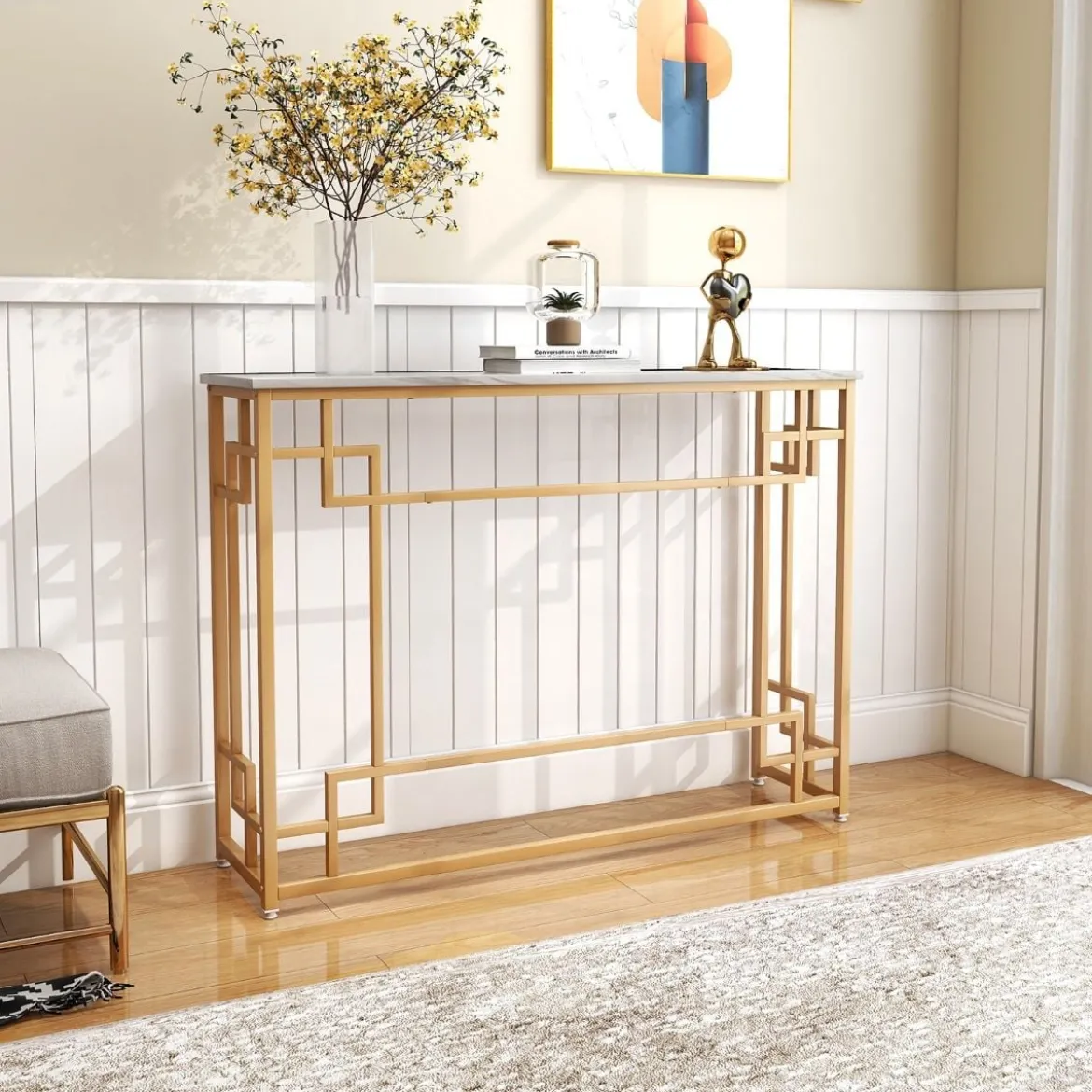 Konsolentisch mit Marmor & Geometrischem Metallrahmen Eingangstisch Schmal Golden