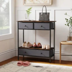 Konsolentisch mit Schubladen industrial Flurtisch mit offenem Ablagefach schmaler Couchtisch Sofatisch Rustikal Braun