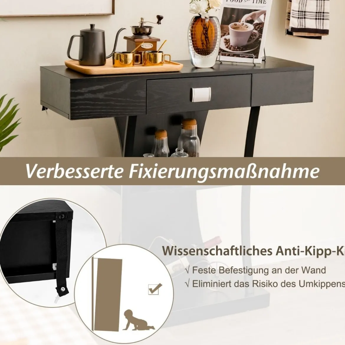 Konsolentisch mit Schubladen & Metallrahmen & 2 Ablagen & Kippschutz Flurtisch Schwarz