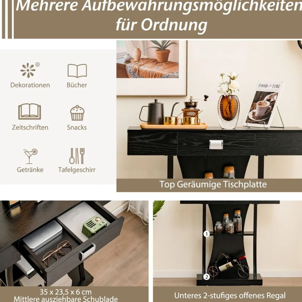 Konsolentisch mit Schubladen & Metallrahmen & 2 Ablagen & Kippschutz Flurtisch Schwarz