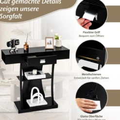 Konsolentisch mit Schubladen & Metallrahmen & 2 Ablagen & Kippschutz Flurtisch Schwarz