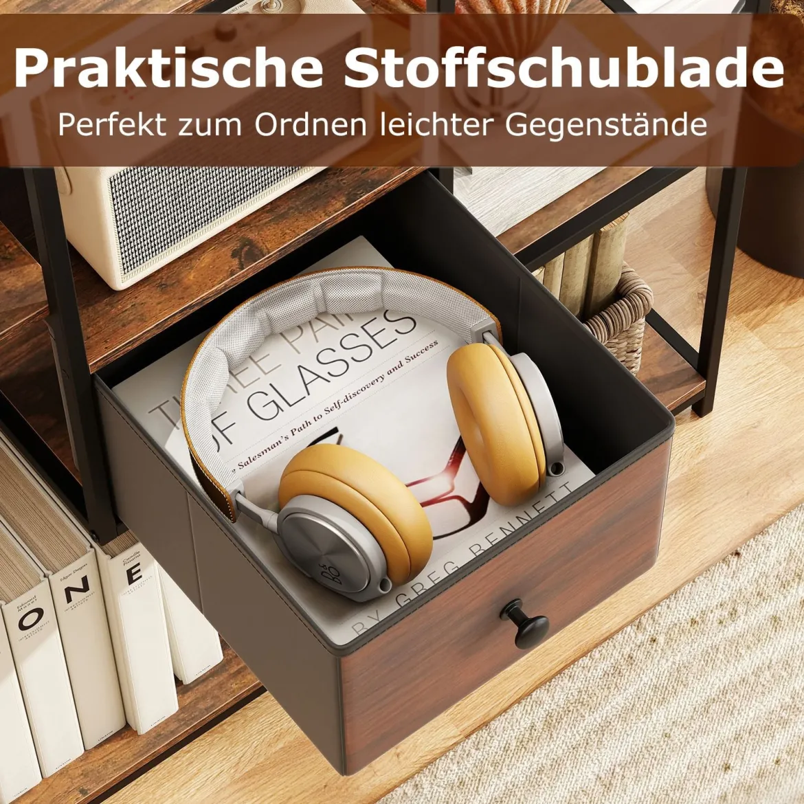 Konsolentisch mit Stauraum Industrieller Beistelltisch mit Vliesstoffschublade & Regale Braun