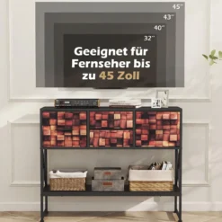 Konsolentisch Mit 4 Stoffschubladen Regal Metallrahmen Holz Mosaikmuster Kaffee & Schwarz