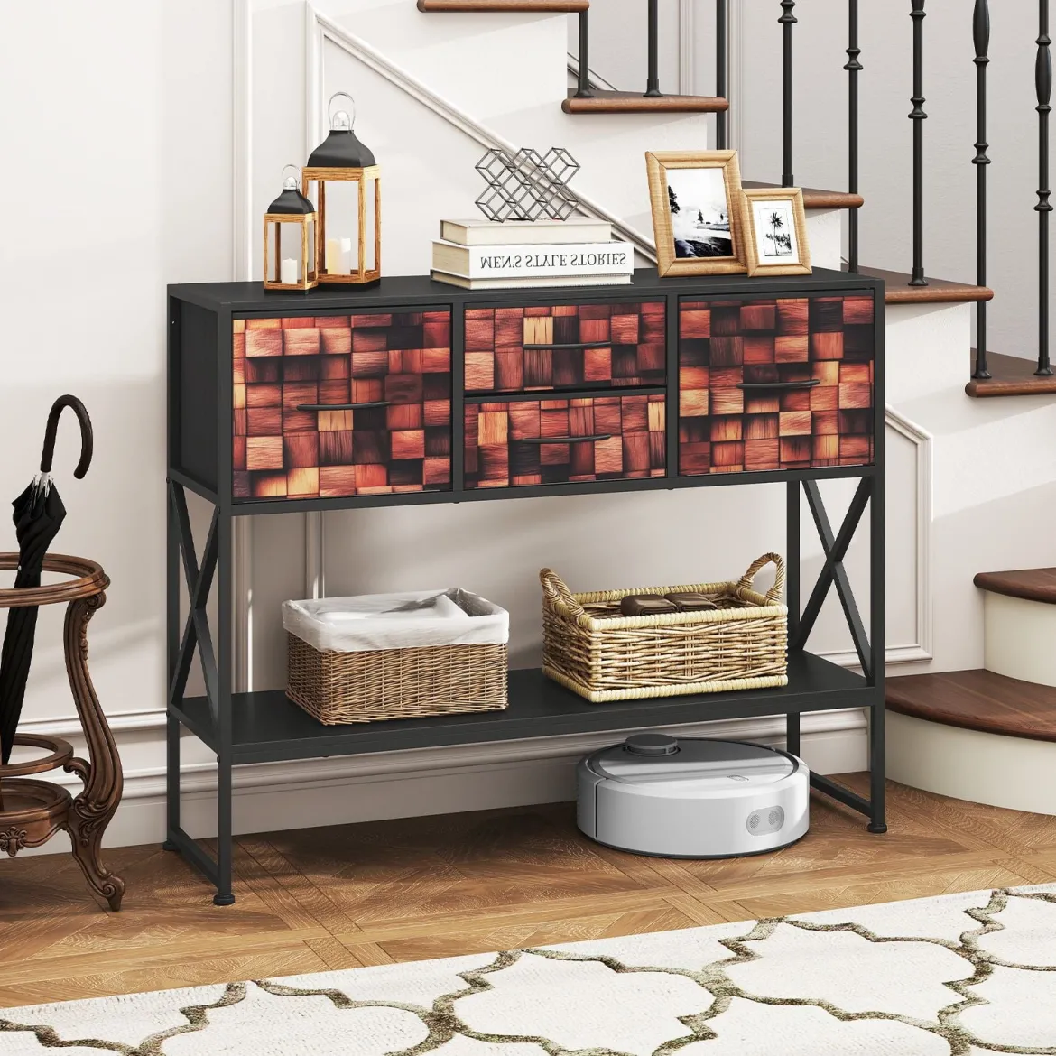 Konsolentisch Mit 4 Stoffschubladen Regal Metallrahmen Holz Mosaikmuster Kaffee & Schwarz